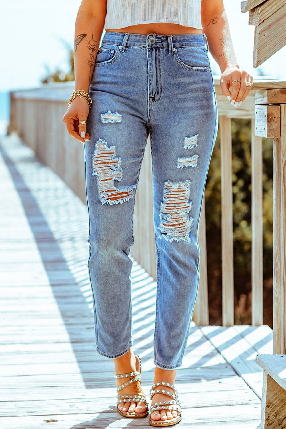 Distressed Ankle-Length Straight Leg Jeans - Love culture store