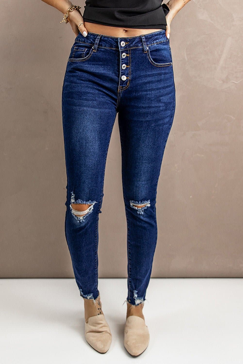 Distressed Button Fly Skinny Jeans - Love culture store