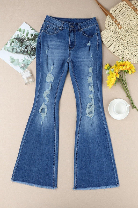 Distressed Frayed Hem Flare Jeans - Love culture store