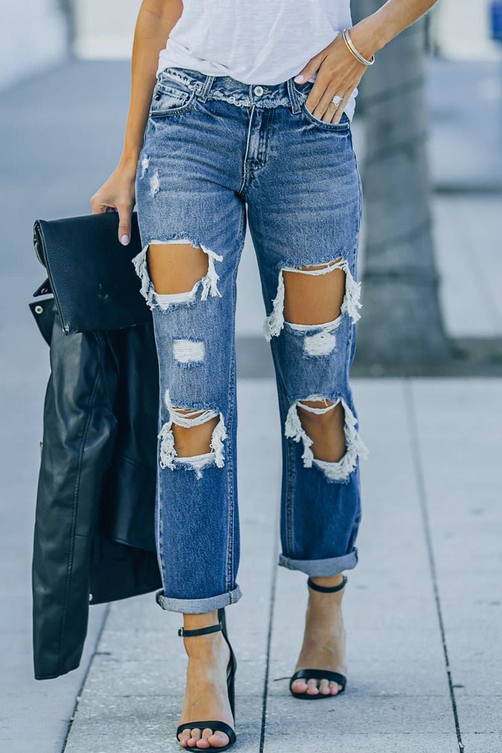 Distressed Frayed Trim Straight Leg Jeans - Love culture store