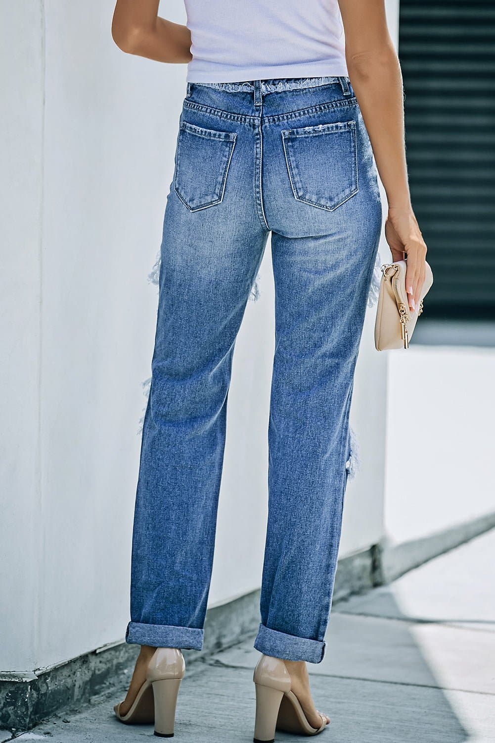 Distressed Frayed Trim Straight Leg Jeans - Love culture store