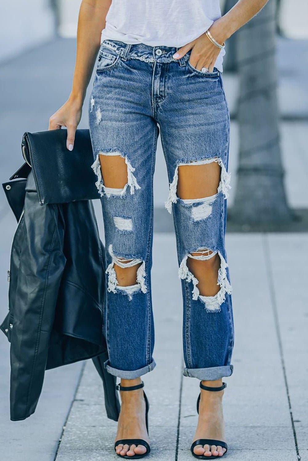 Distressed Frayed Trim Straight Leg Jeans - Love culture store