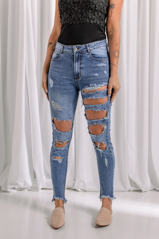 Distressed Raw Hem Skinny Jeans - Love culture store