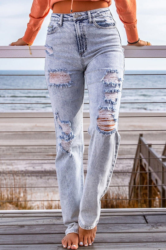 Distressed Straight Leg Jeans with Pockets - Love culture store