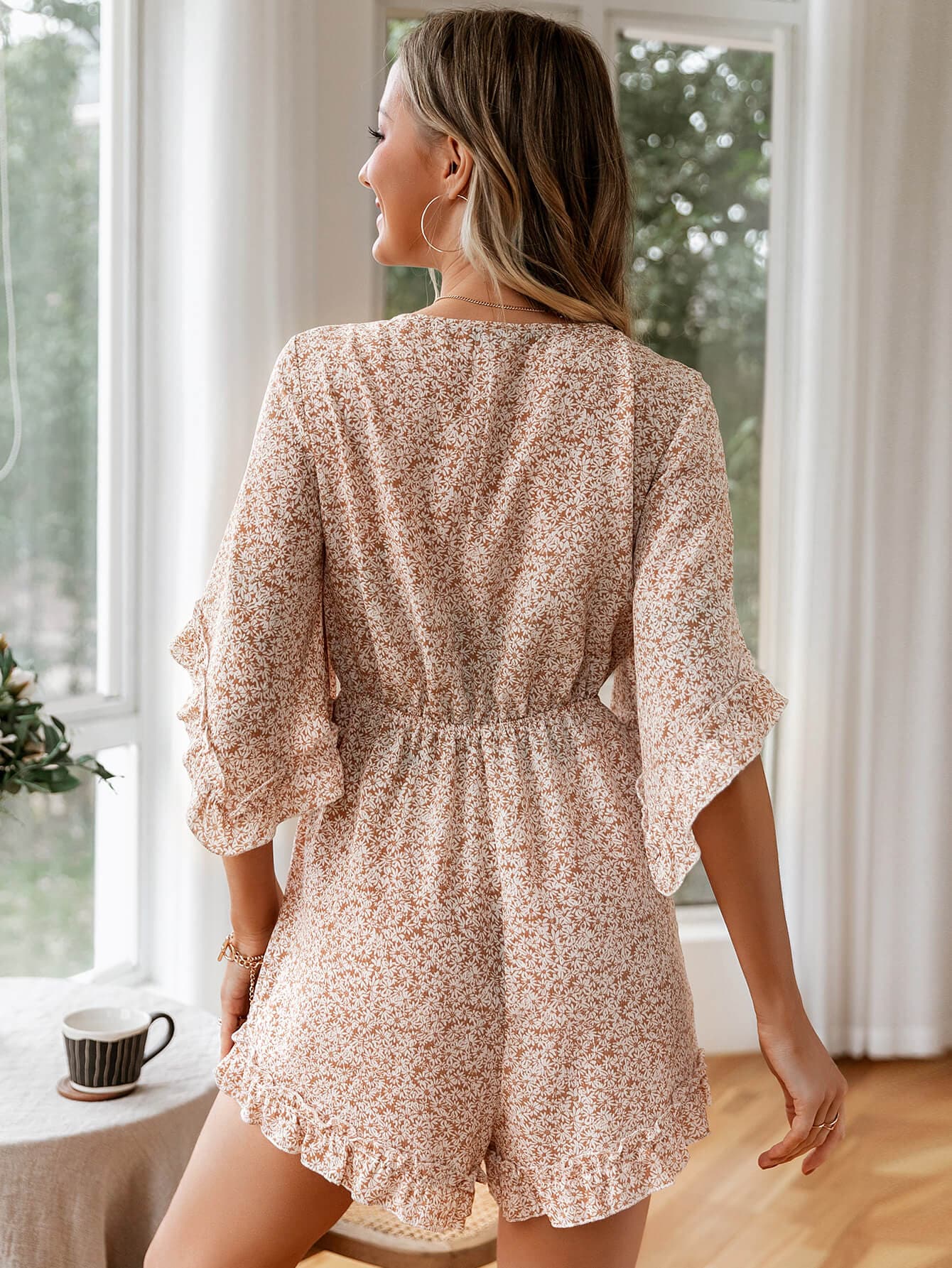 Ditsy Floral Bell Sleeve Tie-Front Romper - Love culture store