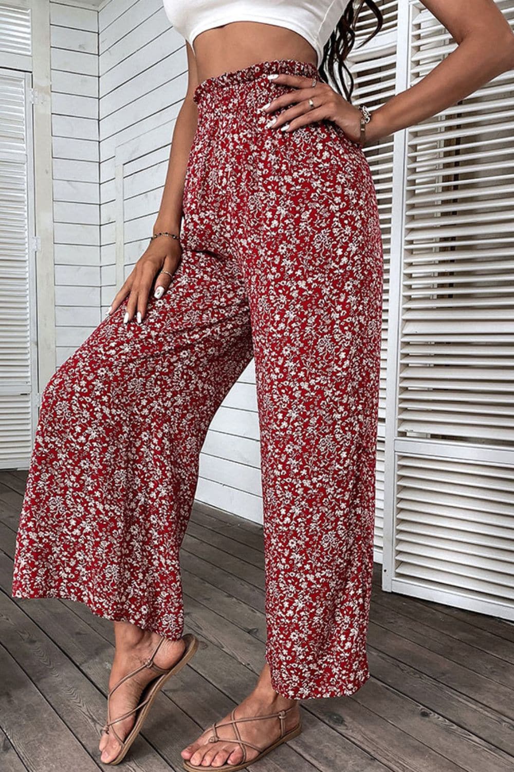 Ditsy Floral Slit Paperbag Waist Wide Leg Pants - Love culture store