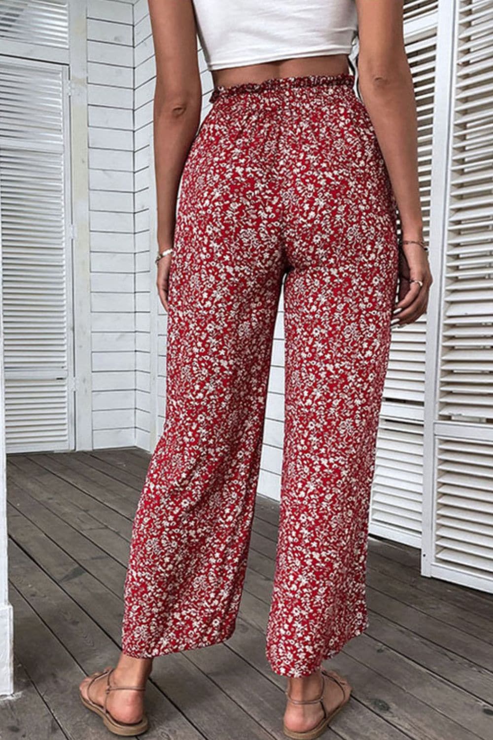 Ditsy Floral Slit Paperbag Waist Wide Leg Pants - Love culture store