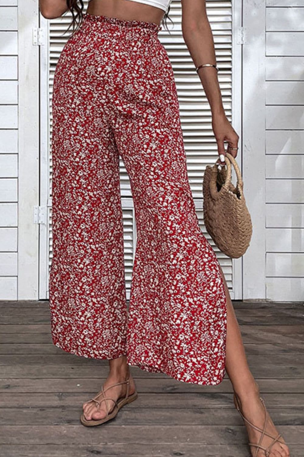 Ditsy Floral Slit Paperbag Waist Wide Leg Pants - Love culture store