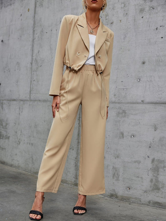 Drawstring Cropped Blazer and Wide Leg Pants Set - Love culture store