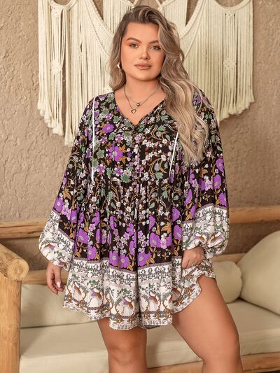 Plus Size Printed Tie Neck Mini Dress