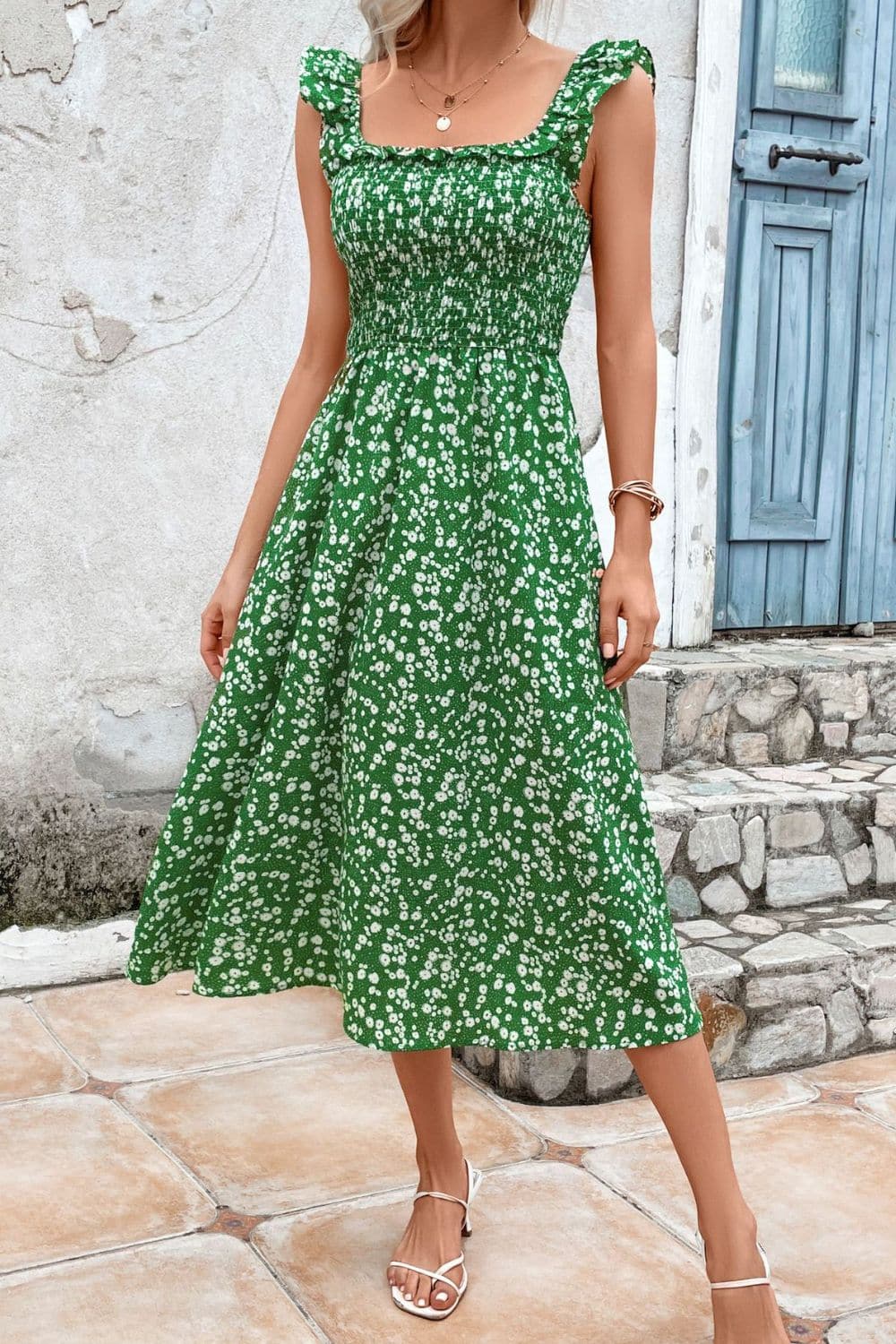 Printed Square Neck Ruffled Midi Dress