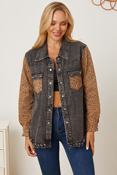 Leopard Raw Hem Pocketed Denim Jacket