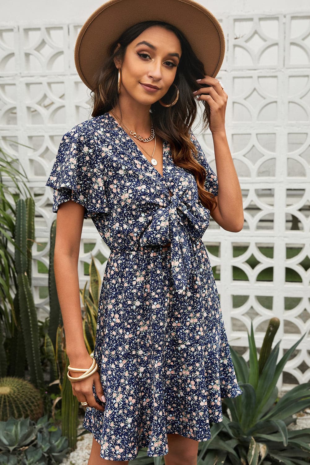 Floral Tied V-Neck Flutter Sleeve Mini Dress