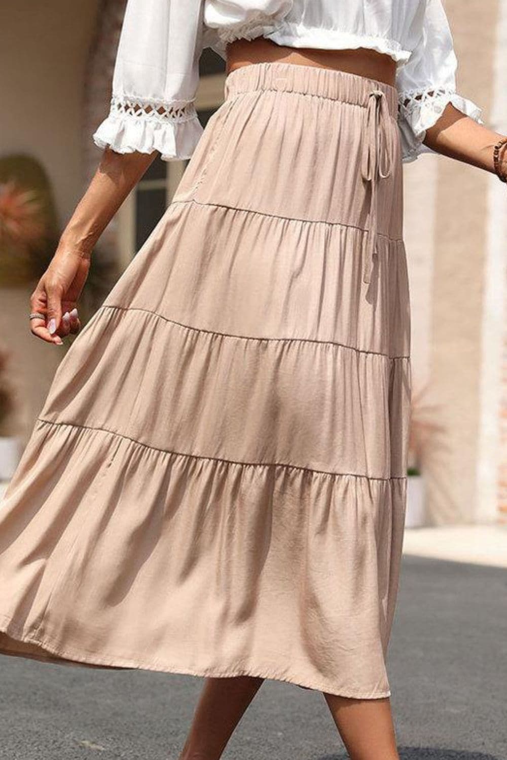 Elastic Waist Tiered Midi Skirt - Love culture store