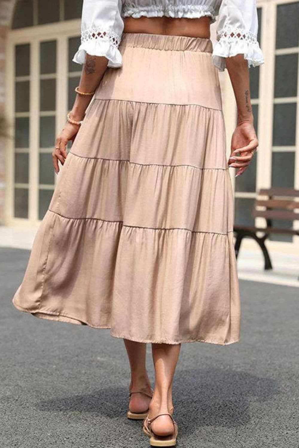 Elastic Waist Tiered Midi Skirt - Love culture store