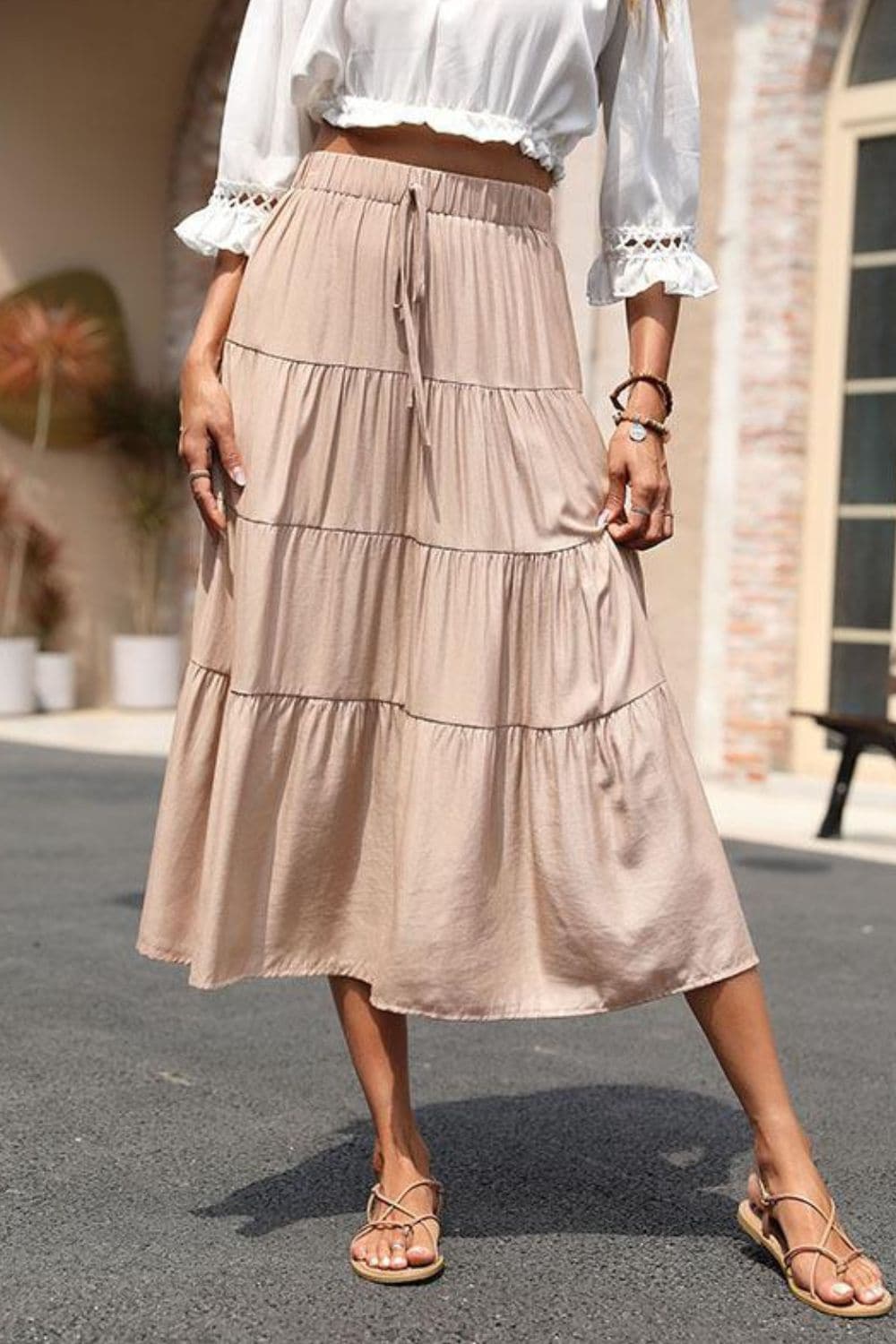 Elastic Waist Tiered Midi Skirt - Love culture store