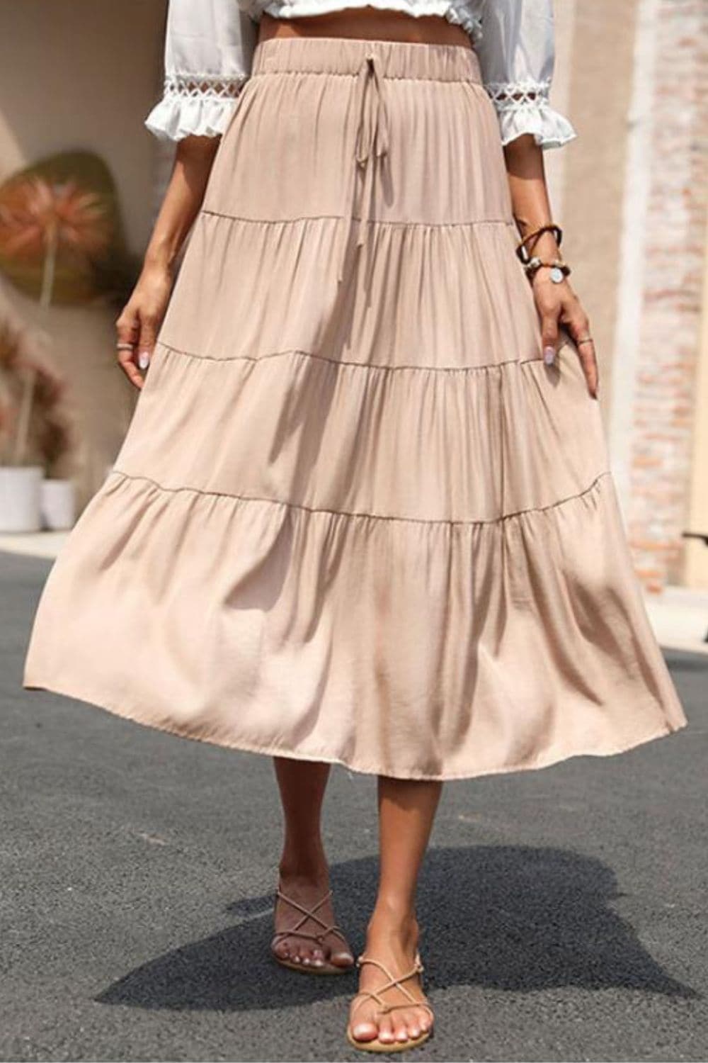 Elastic Waist Tiered Midi Skirt - Love culture store