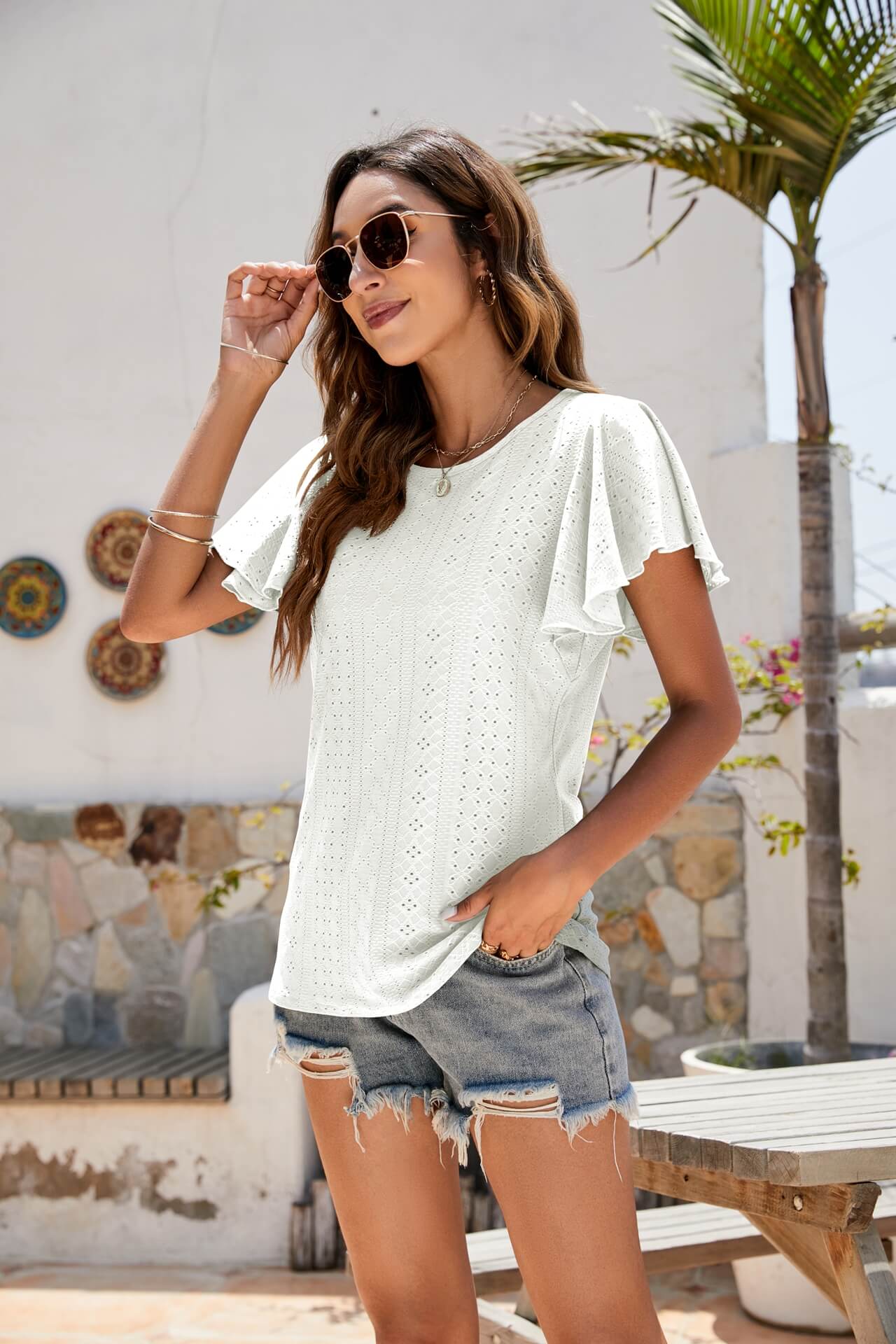 Eyelet Flutter Sleeve Short Sleeve Top - Love culture store