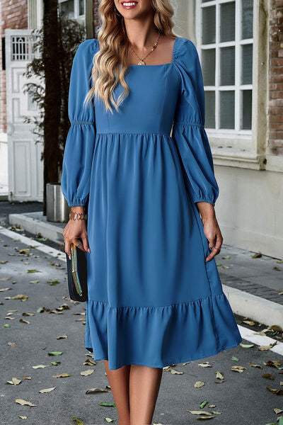 Square Neck Balloon Sleeve Midi Dress