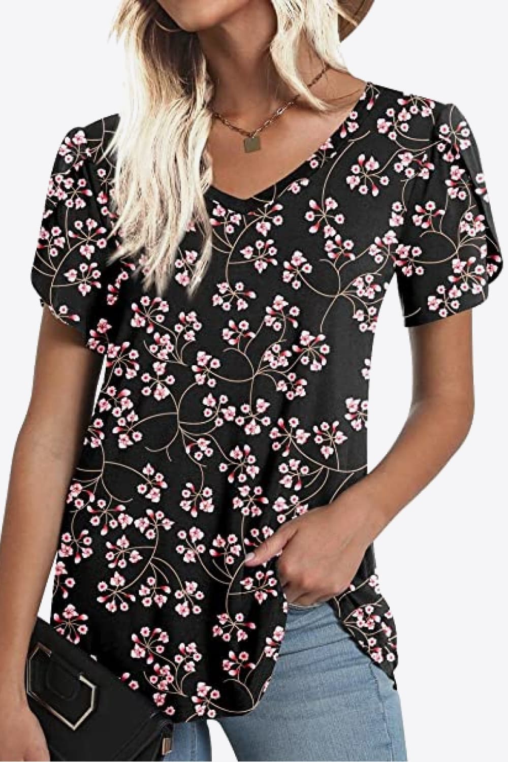 Printed Petal Sleeve V-Neck Blouse