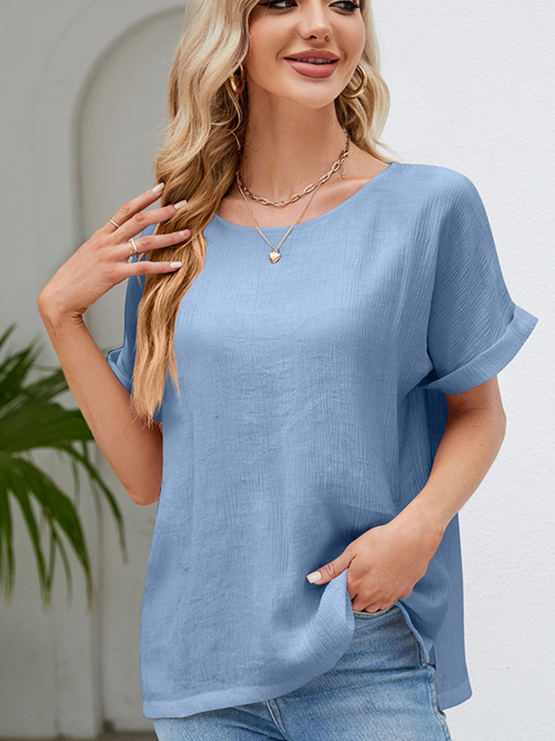 Round Neck Short Sleeve Blouse