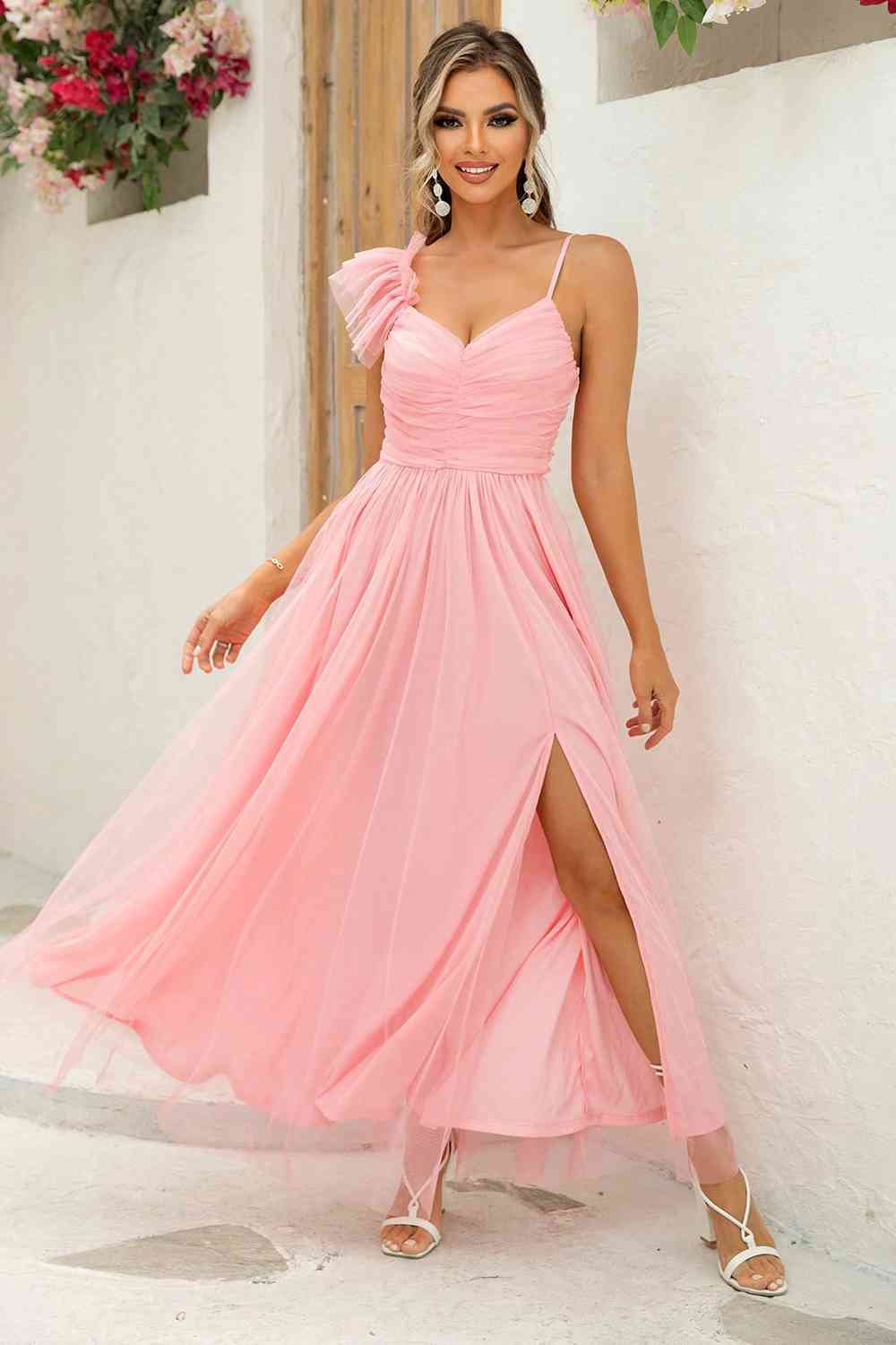 ruched asymmetrical dress Asymmetrical Ruched Slit Dress