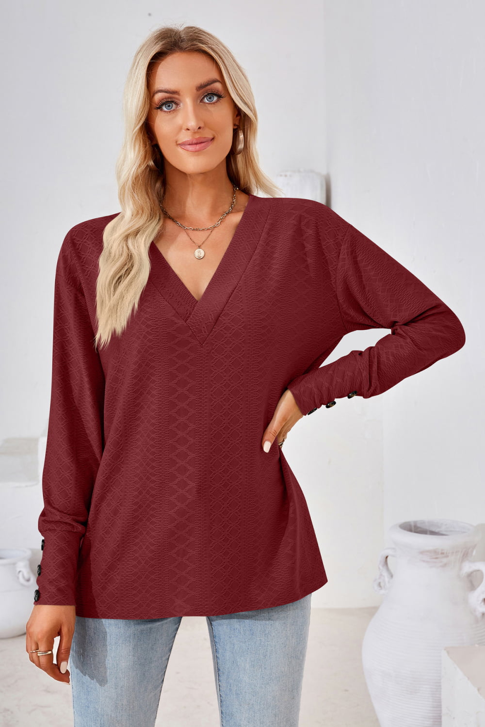 V-Neck Long Sleeve Blouse