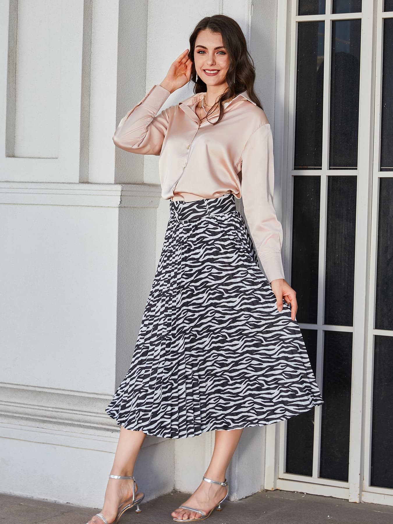 Animal Print Pleated Midi Skirt