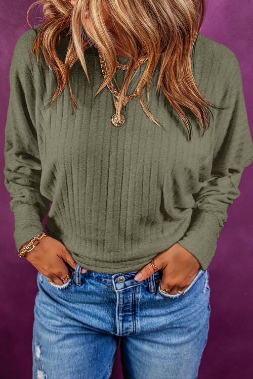 Ribbed Round Neck Long Sleeve Blouse