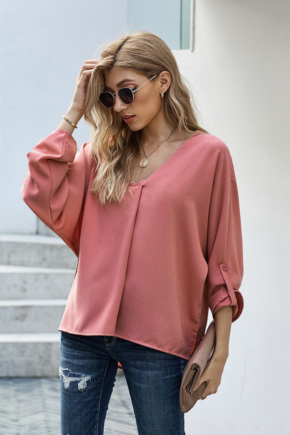 V-Neck Roll-Tab Sleeve Blouse