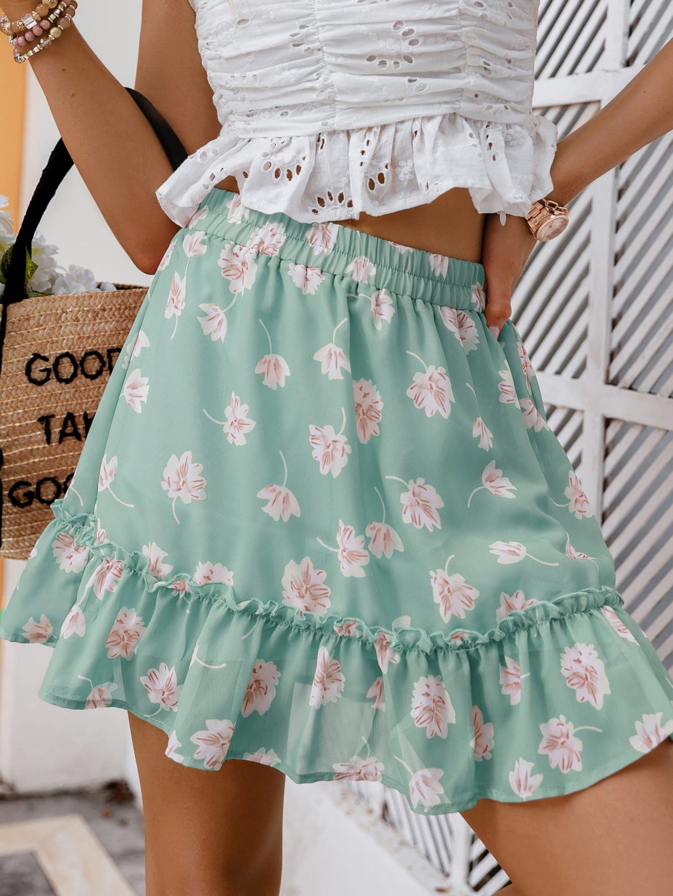 Floral Elastic Waist Frill Trim Mini Skirt - Love culture store