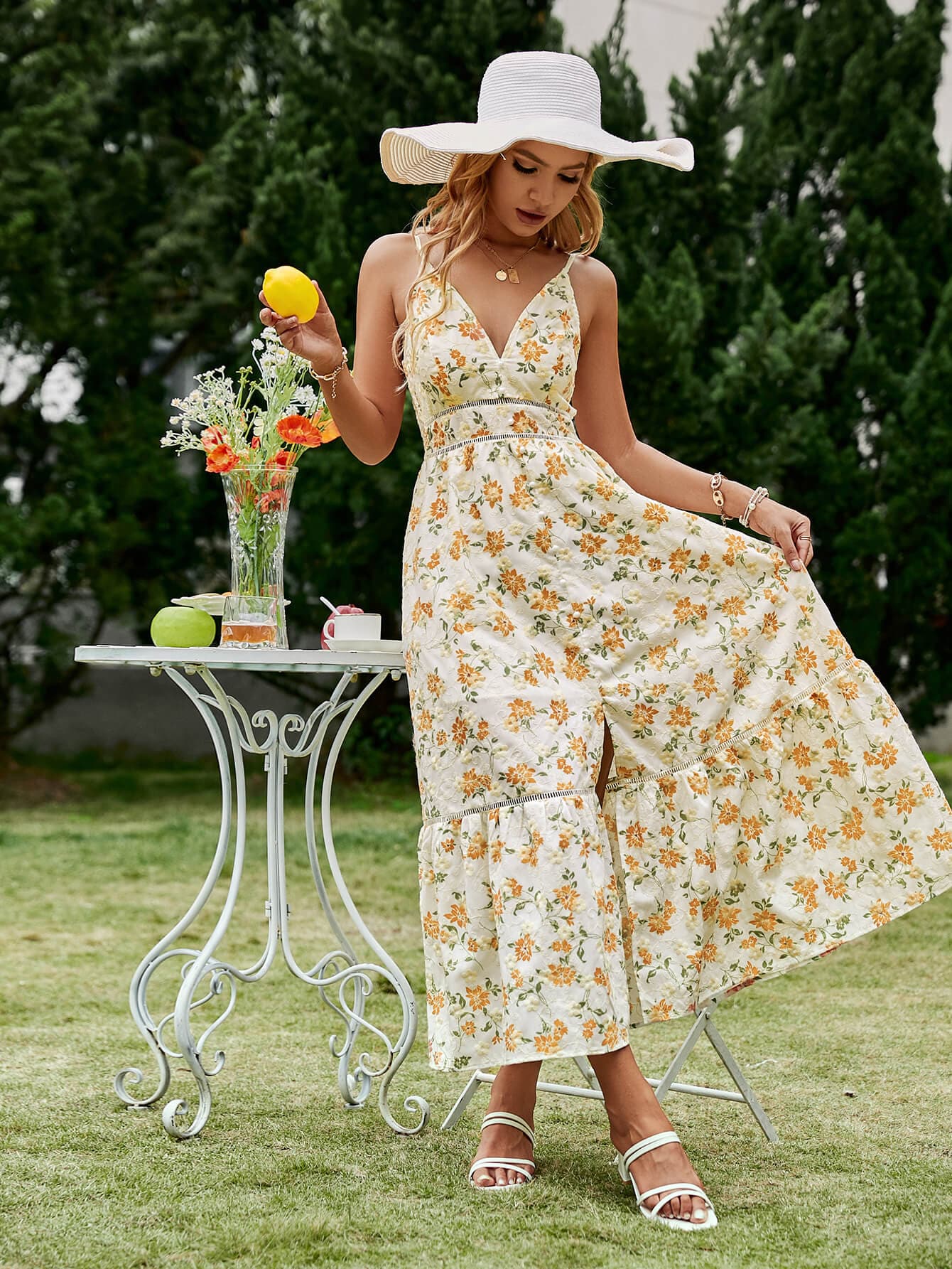 Floral Fake Pearl Button Slit Maxi Dress - Love culture store