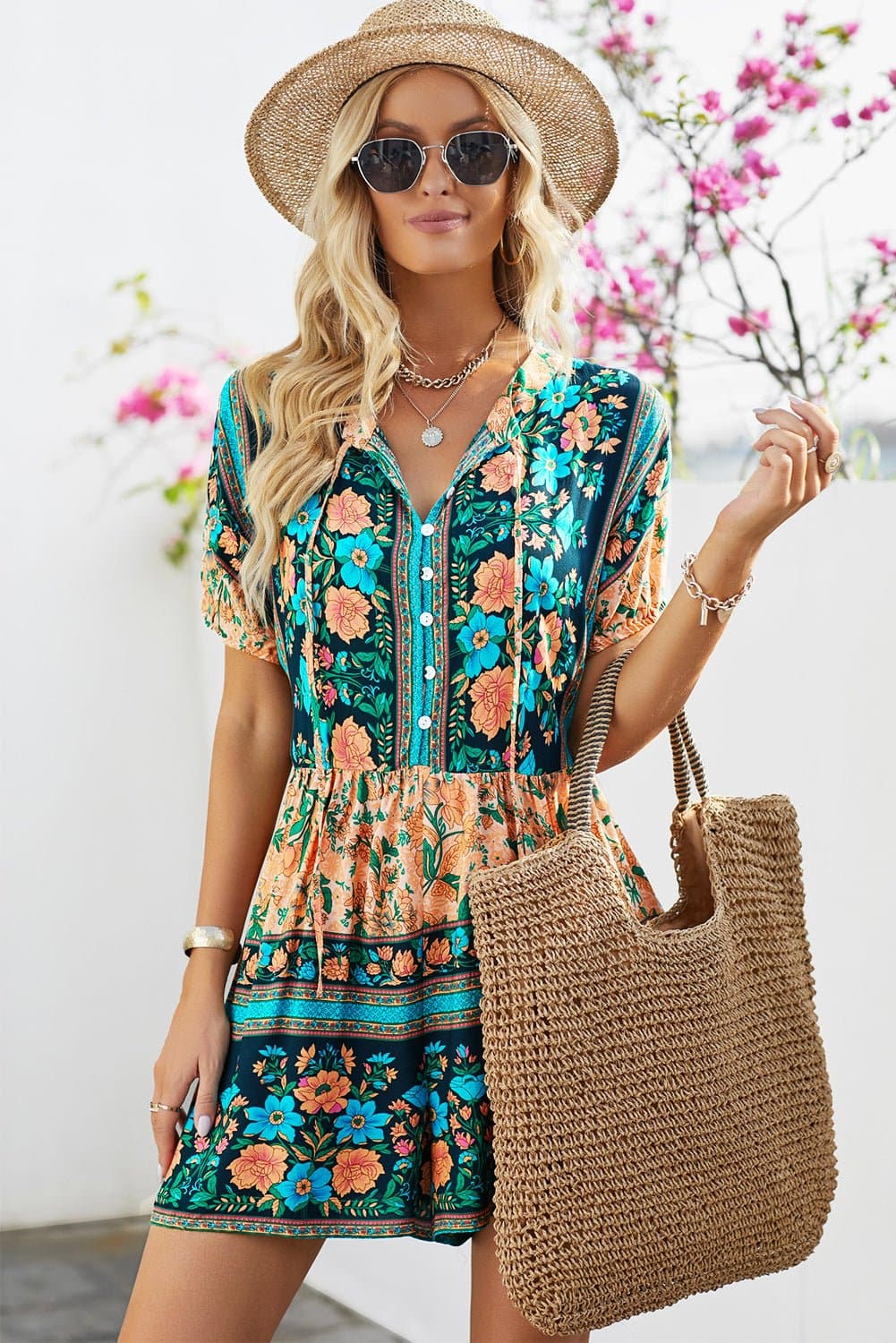 Floral Multicolored Tie-Neck Romper - Love culture store