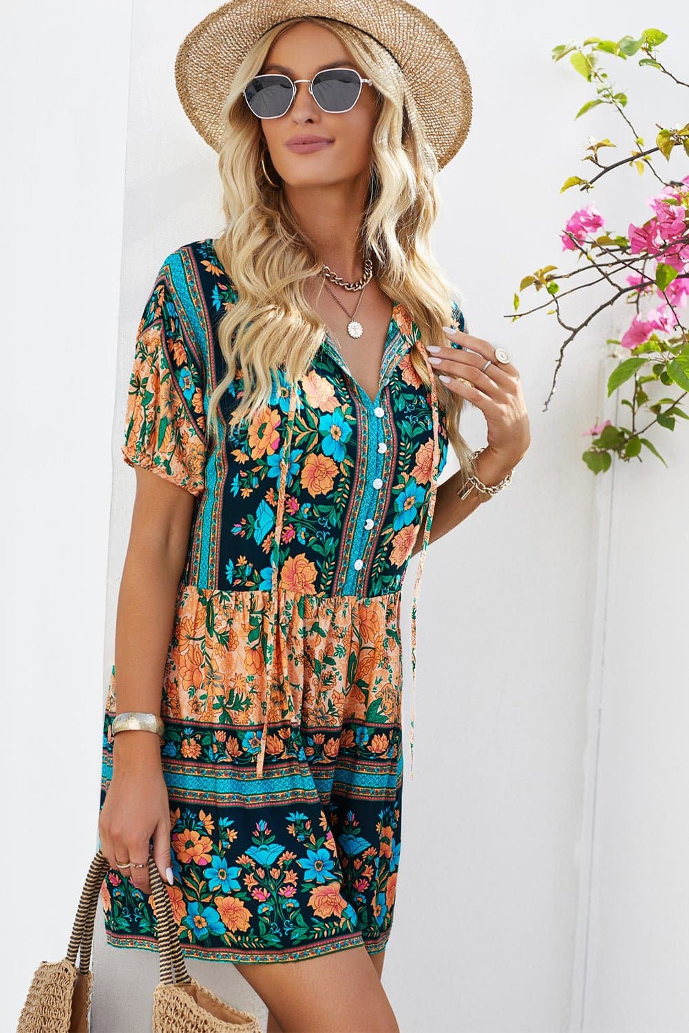 Floral Multicolored Tie-Neck Romper - Love culture store