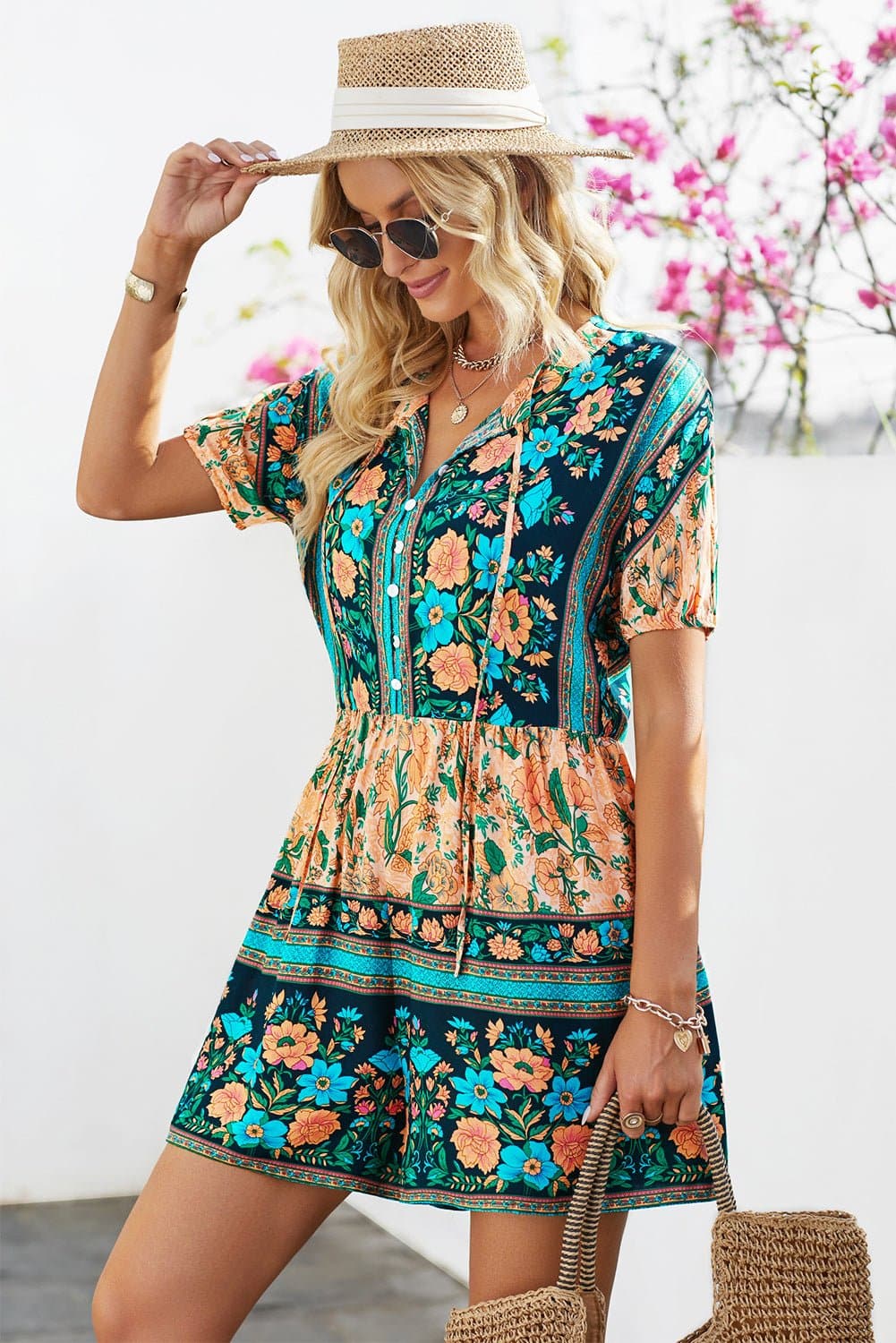 Floral Multicolored Tie-Neck Romper - Love culture store