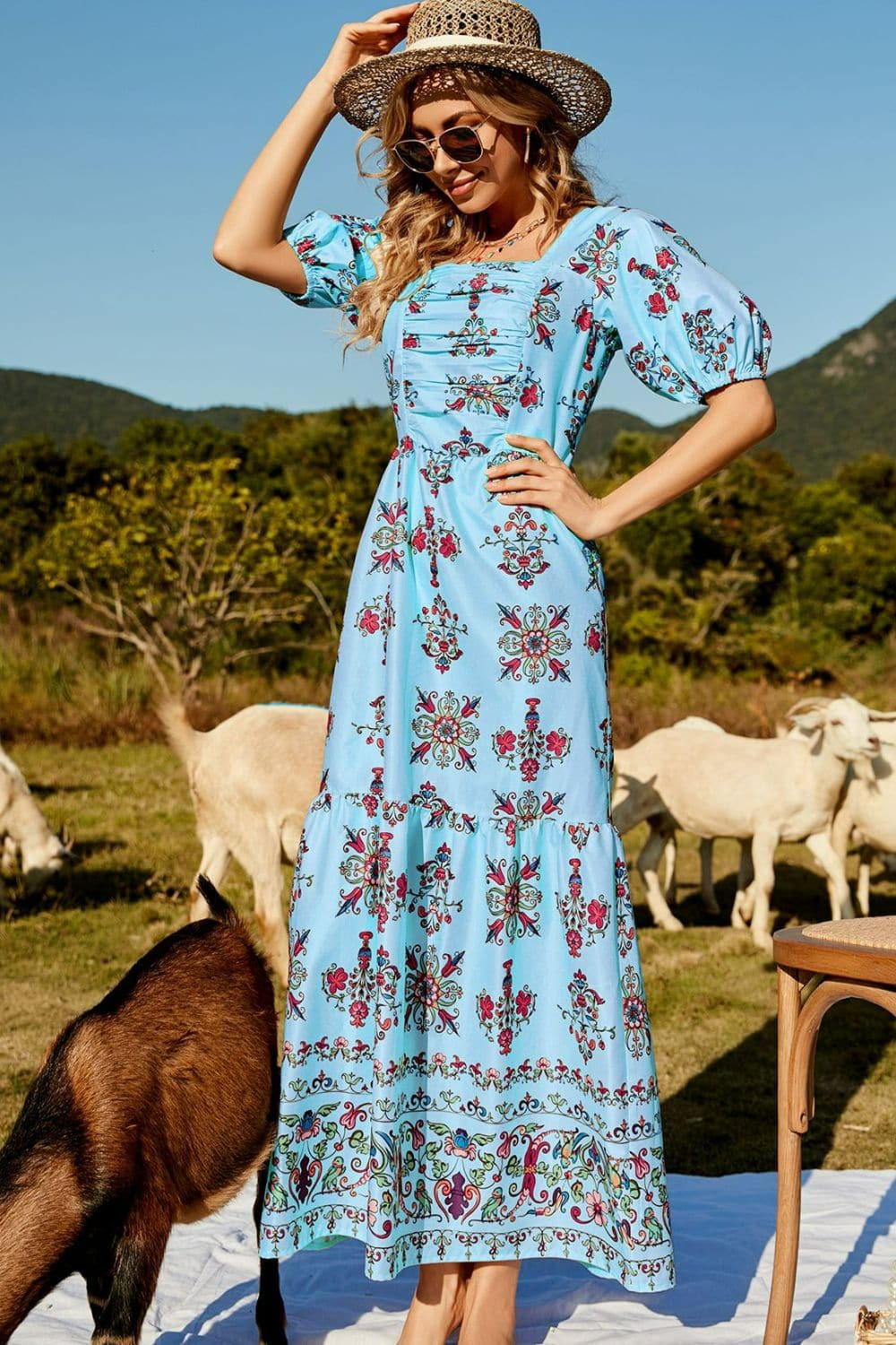 Floral Ruched Puff Sleeve Tiered Maxi Dress - Love culture store