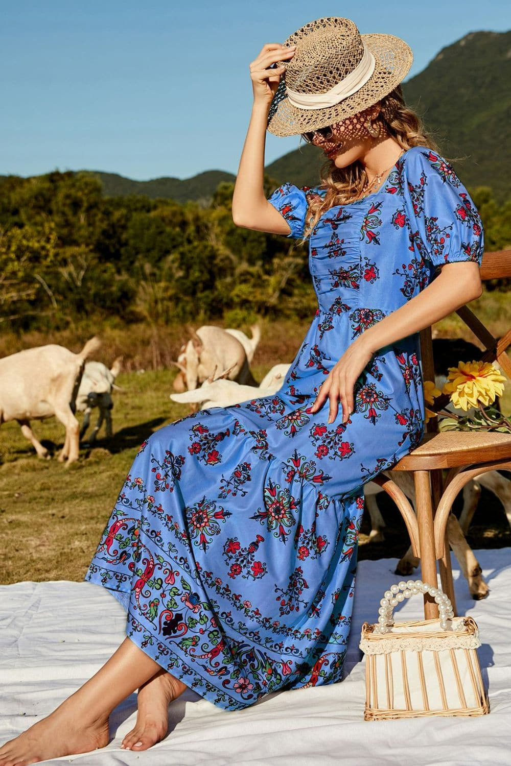 Floral Ruched Puff Sleeve Tiered Maxi Dress - Love culture store