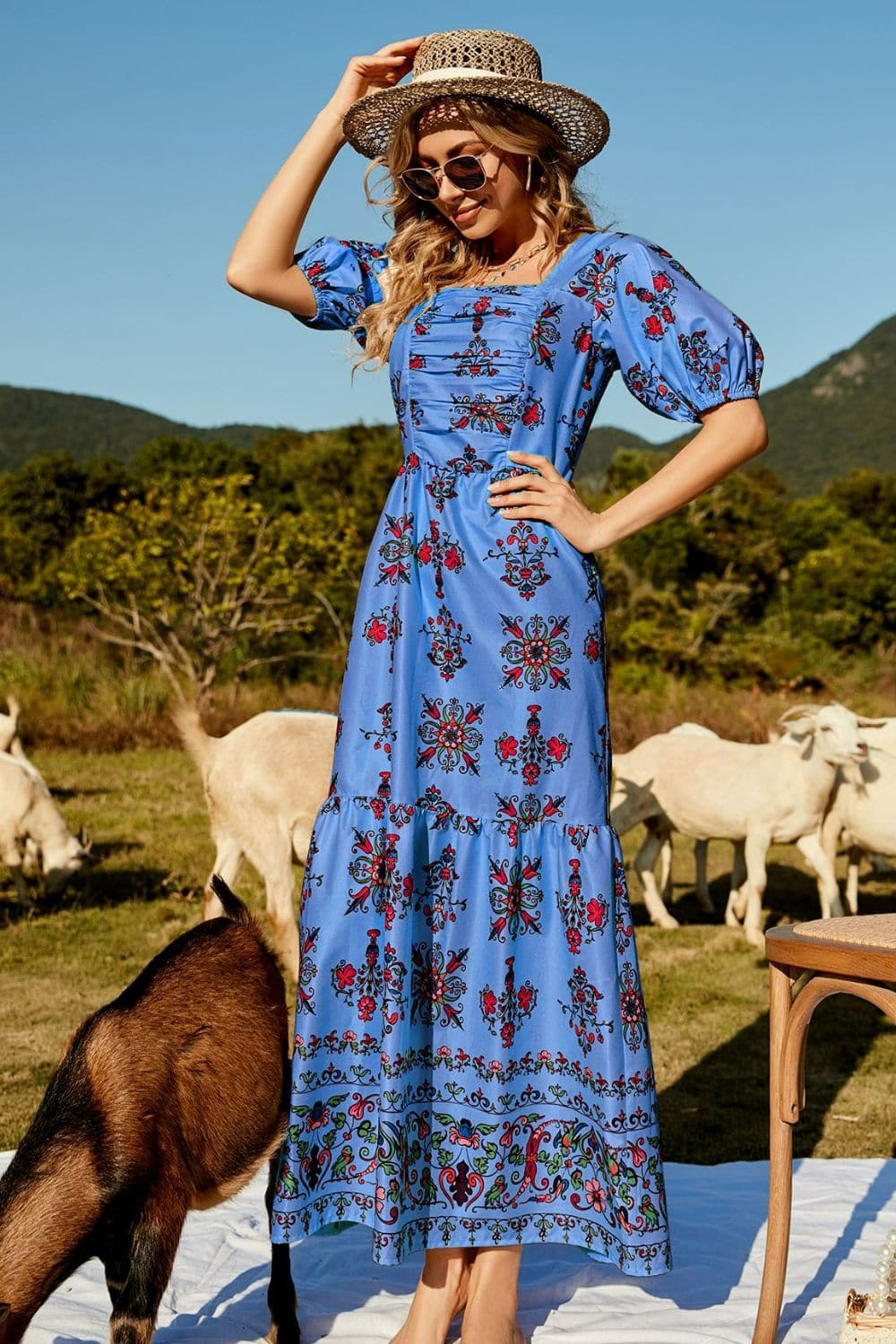 Floral Ruched Puff Sleeve Tiered Maxi Dress - Love culture store