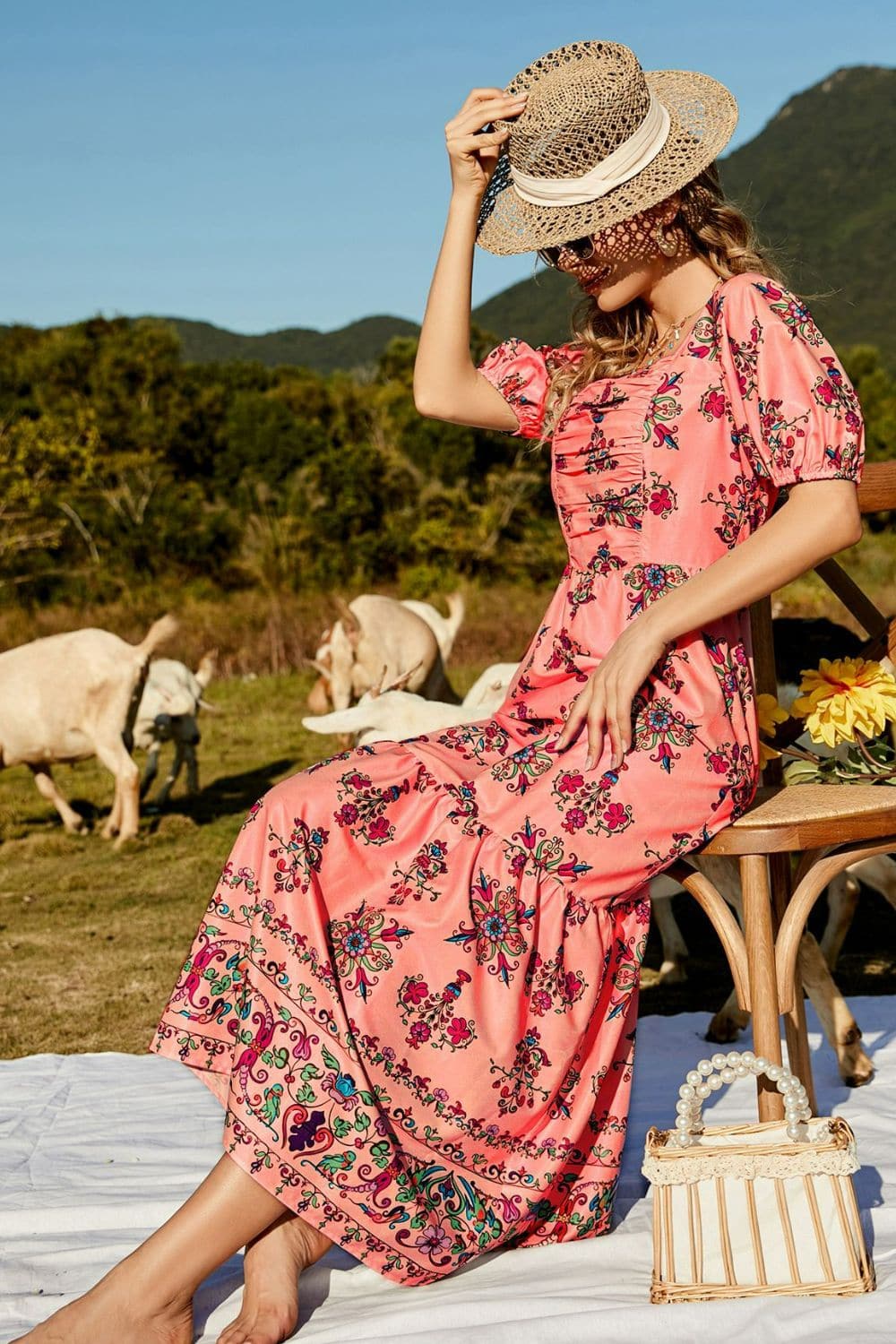 Floral Ruched Puff Sleeve Tiered Maxi Dress - Love culture store