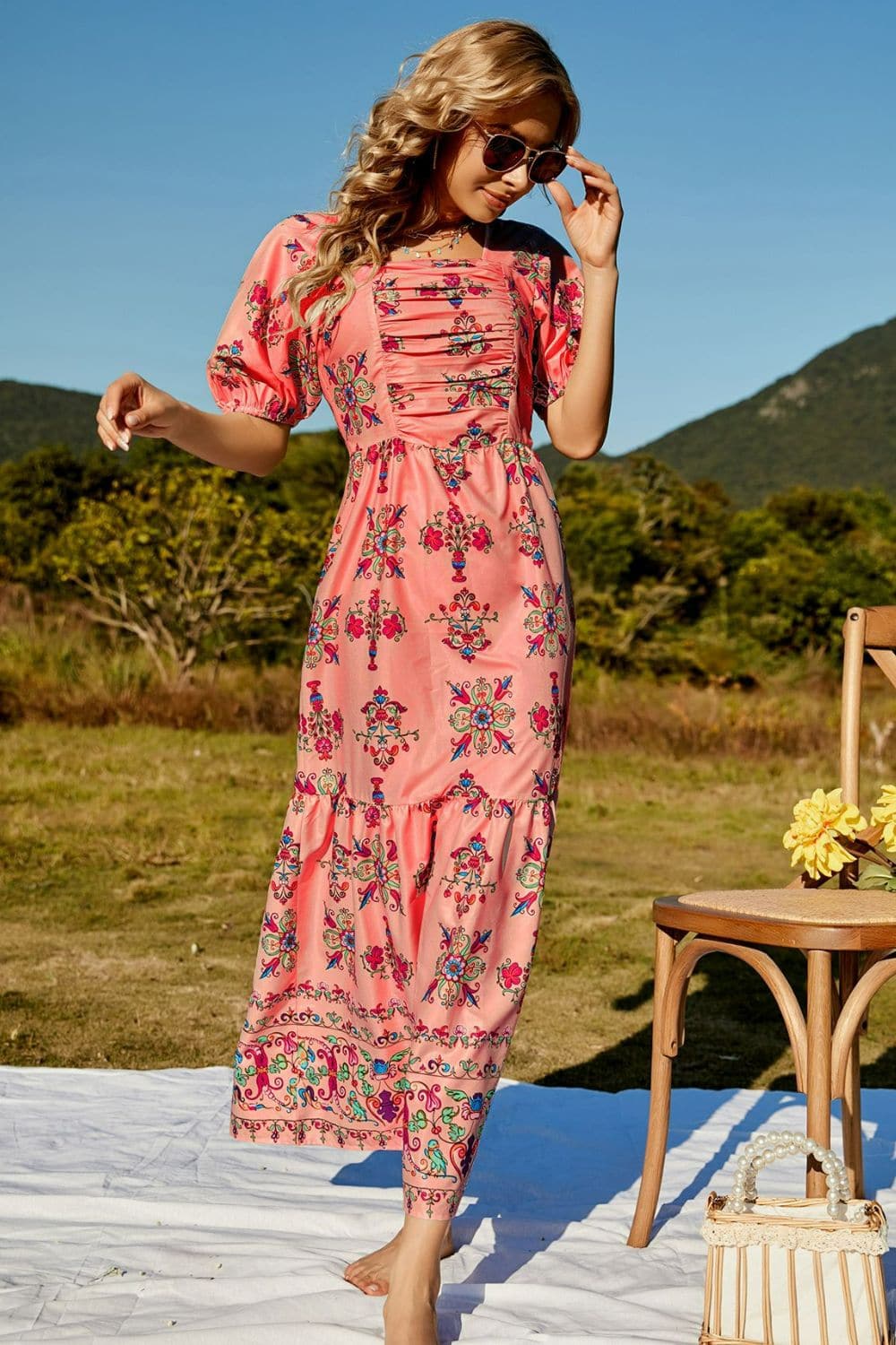 Floral Ruched Puff Sleeve Tiered Maxi Dress - Love culture store