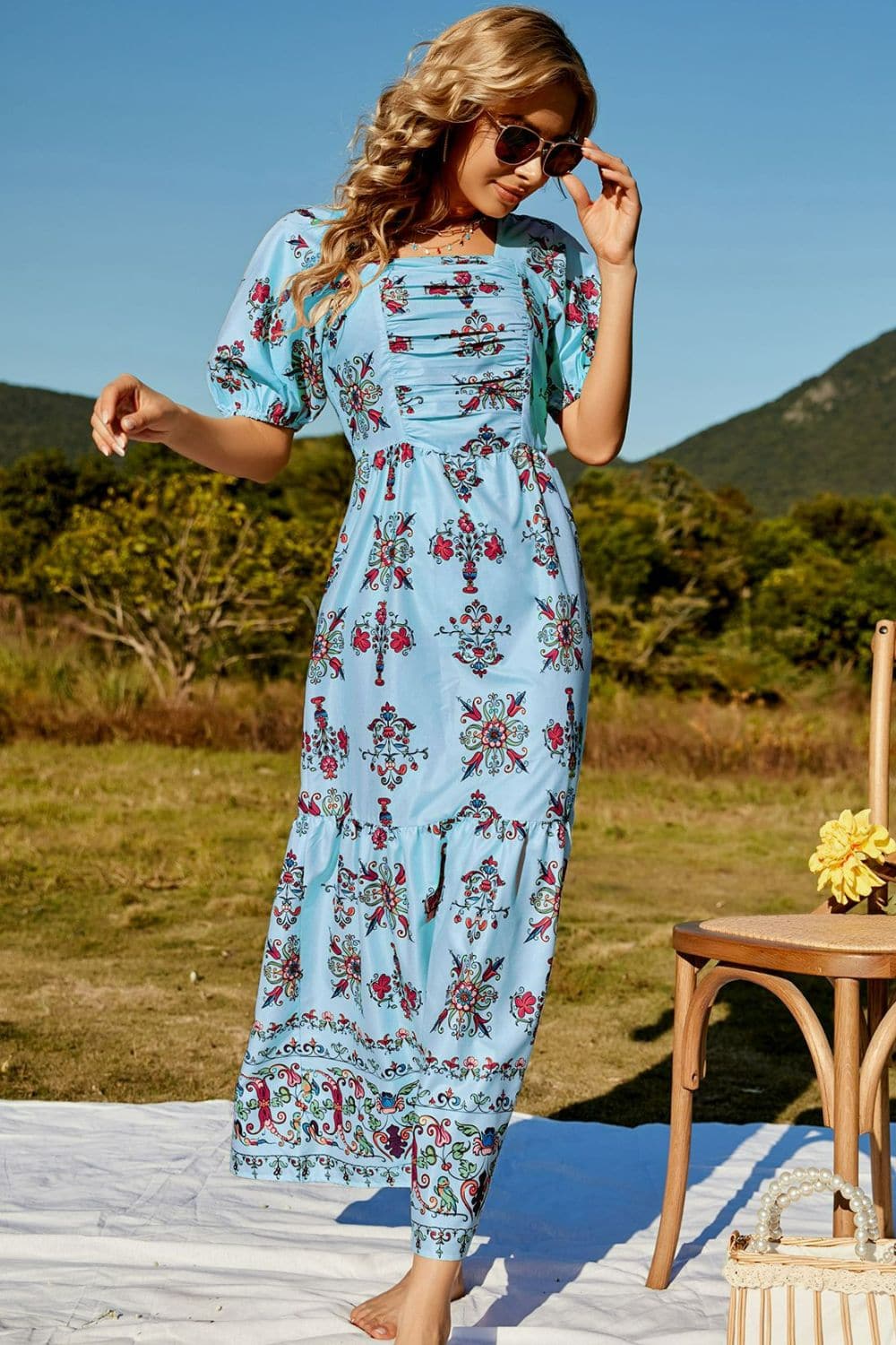 Floral Ruched Puff Sleeve Tiered Maxi Dress - Love culture store