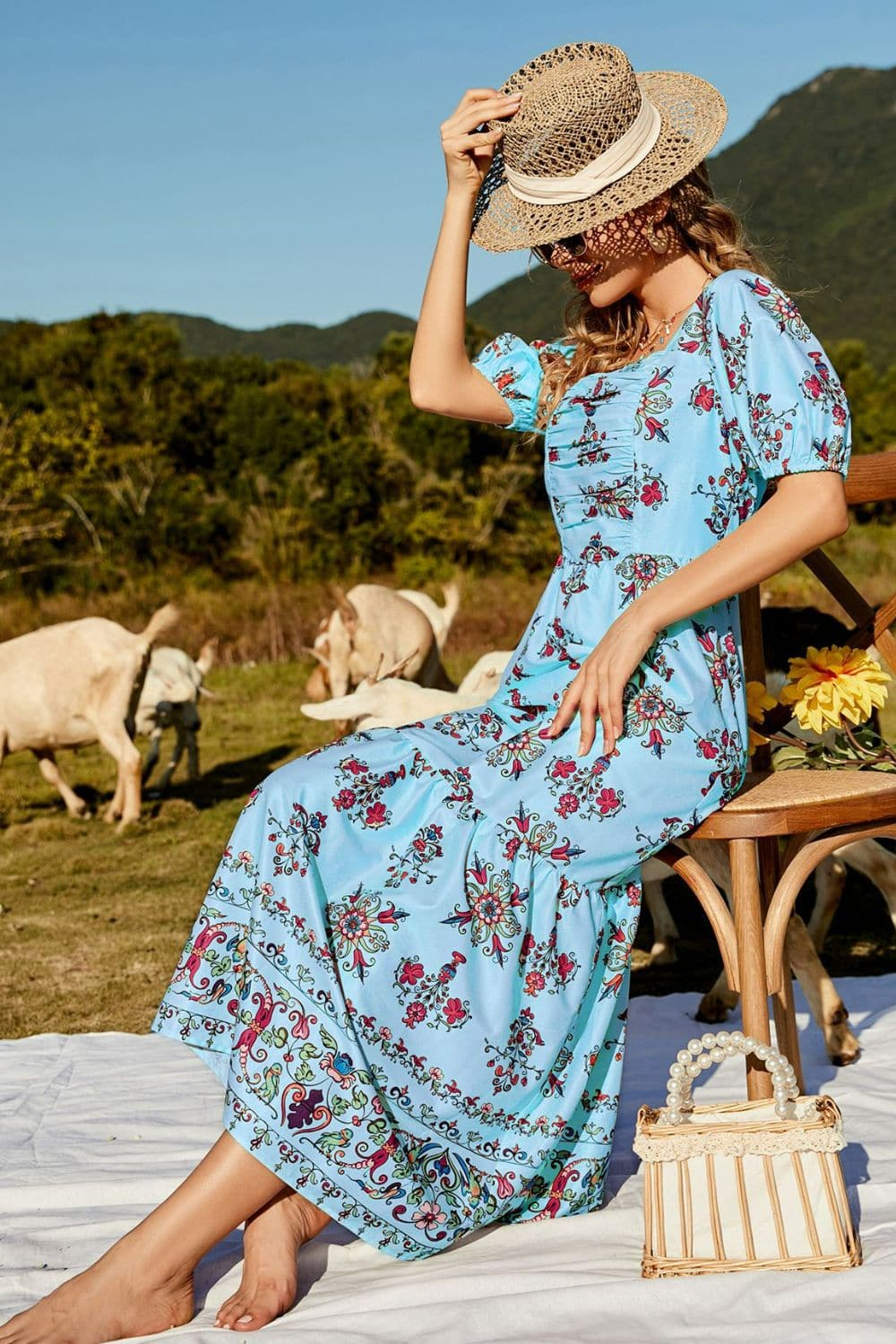 Floral Ruched Puff Sleeve Tiered Maxi Dress - Love culture store