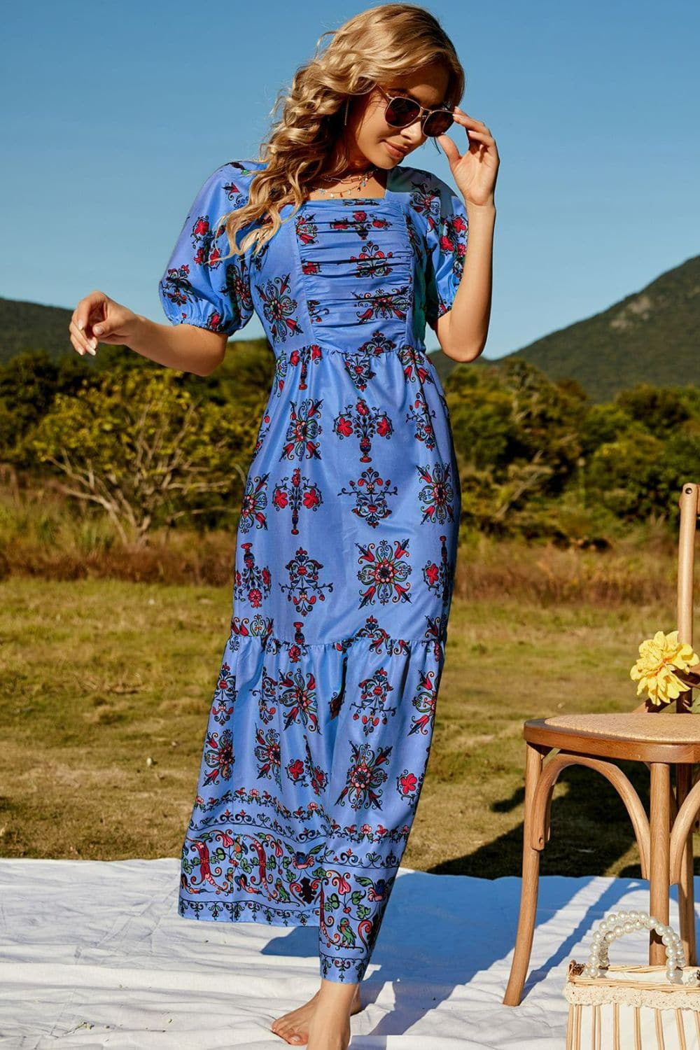 Floral Ruched Puff Sleeve Tiered Maxi Dress - Love culture store