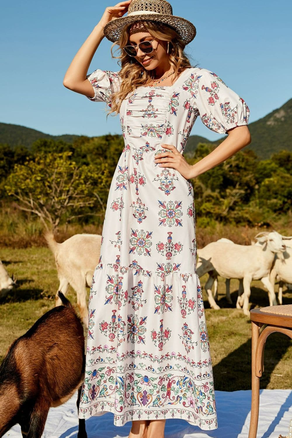 Floral Ruched Puff Sleeve Tiered Maxi Dress - Love culture store