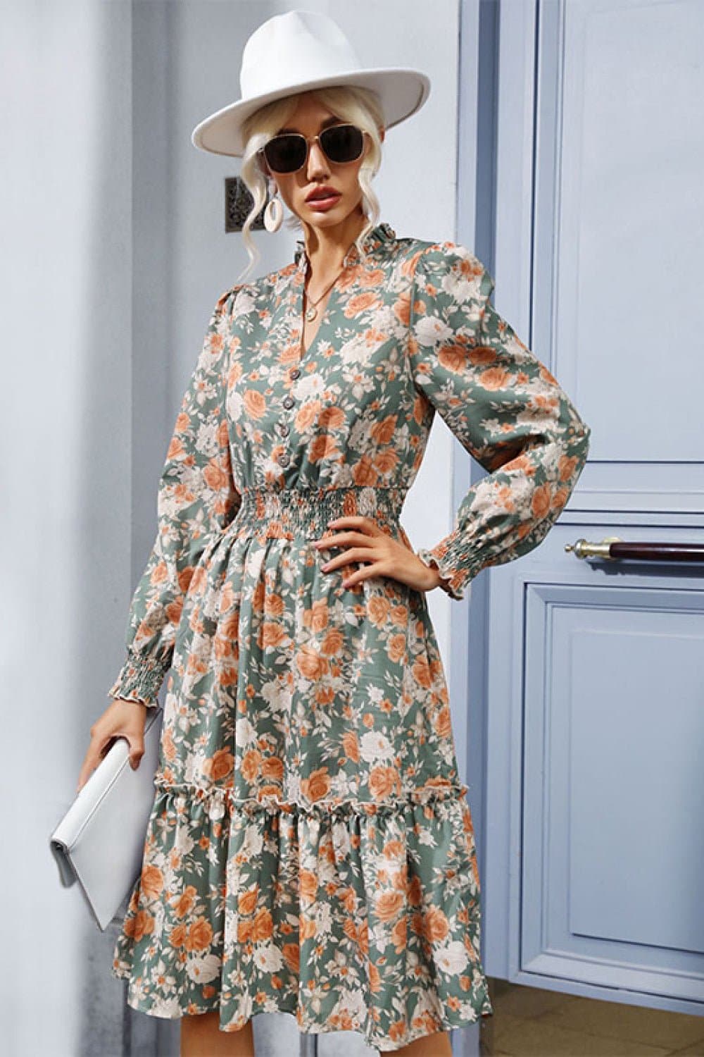 Floral Smocked Decorative Button Midi Dress - Love culture store