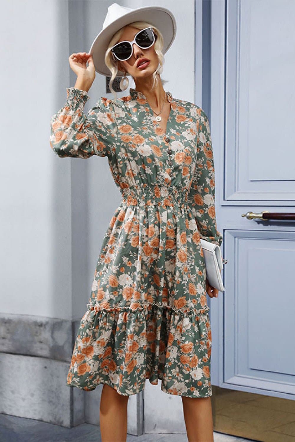 Floral Smocked Decorative Button Midi Dress - Love culture store