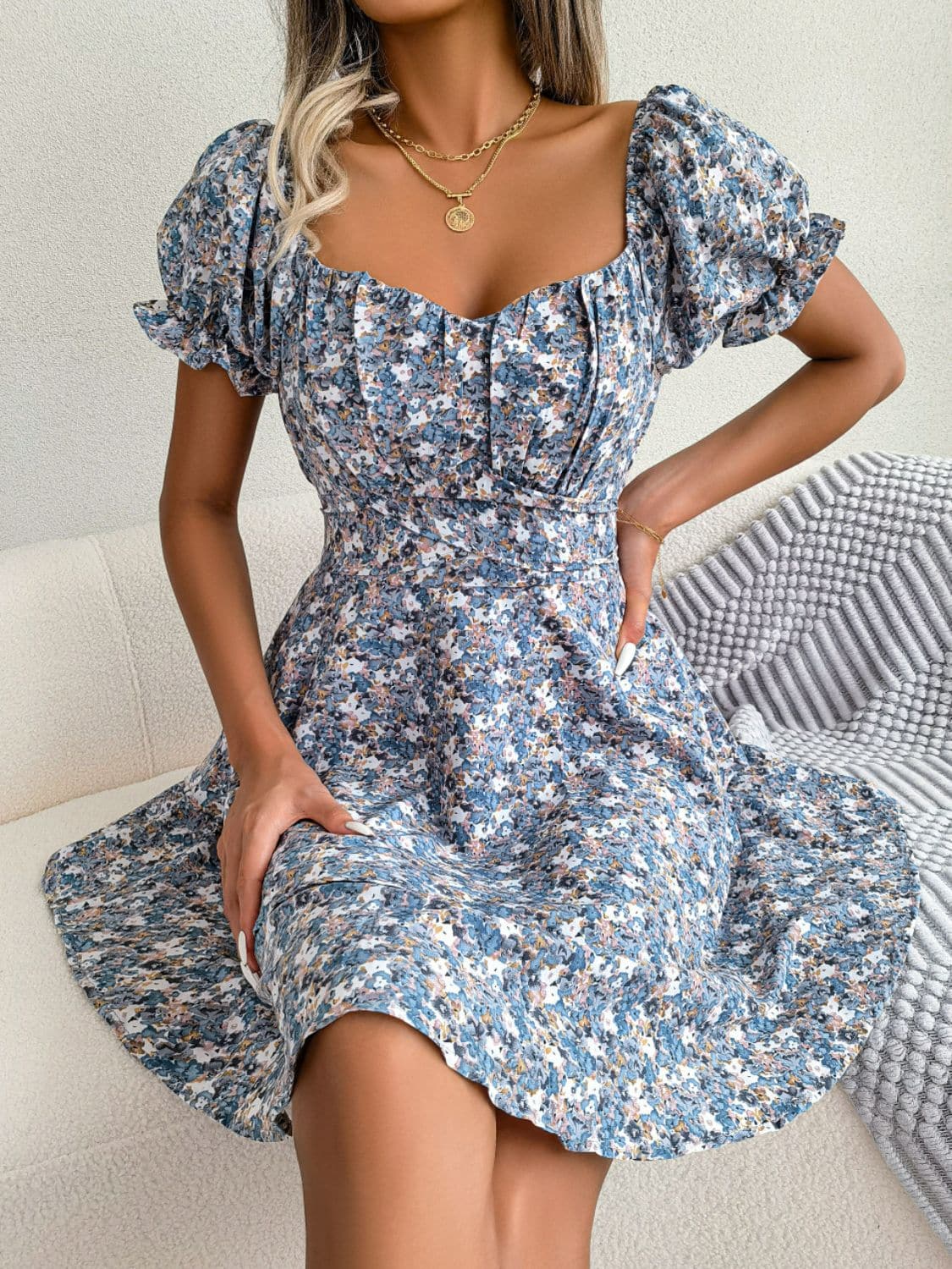 Floral Sweetheart Neck Flounce Sleeve Mini Dress - Love culture store