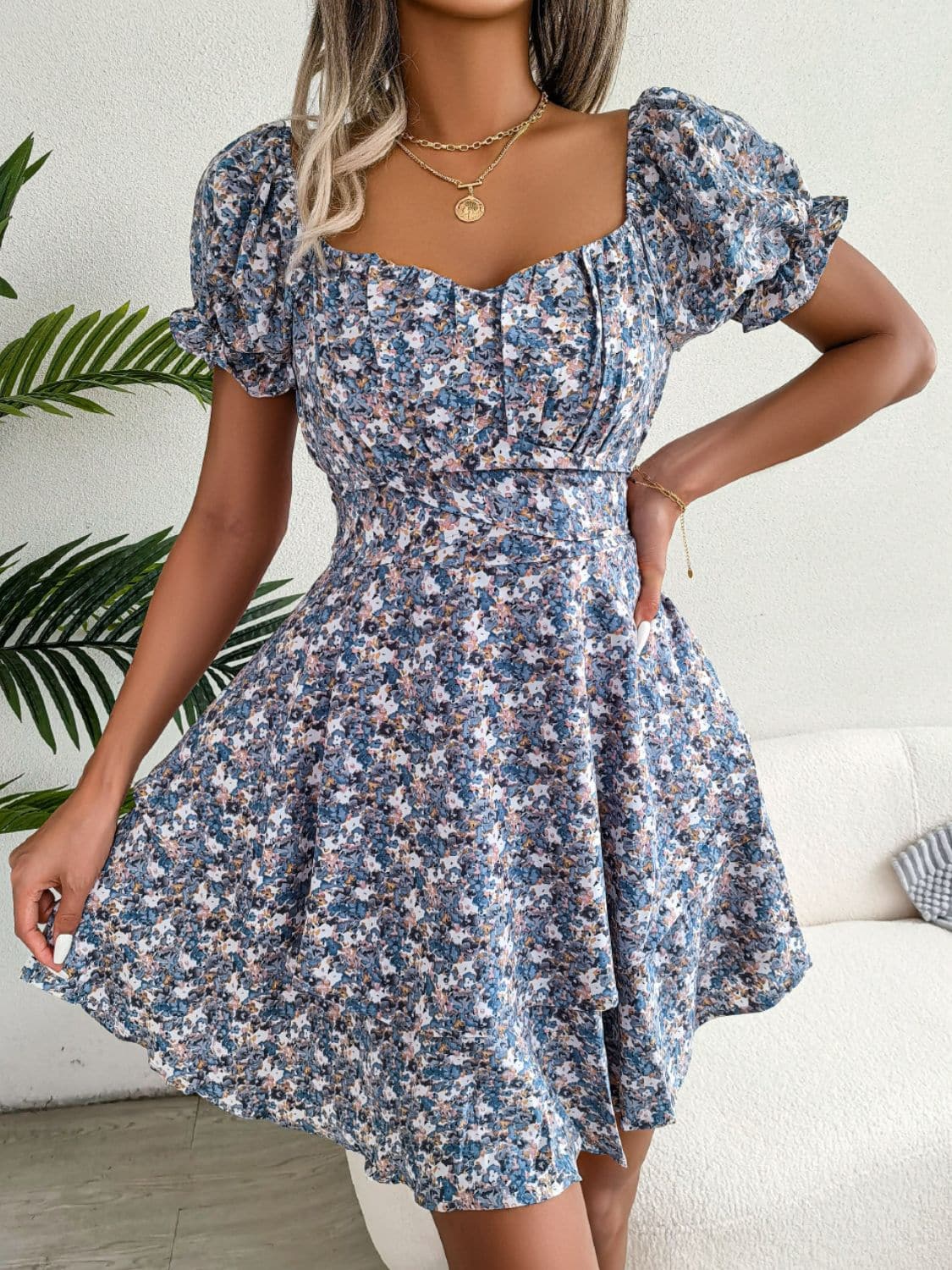 Floral Sweetheart Neck Flounce Sleeve Mini Dress - Love culture store