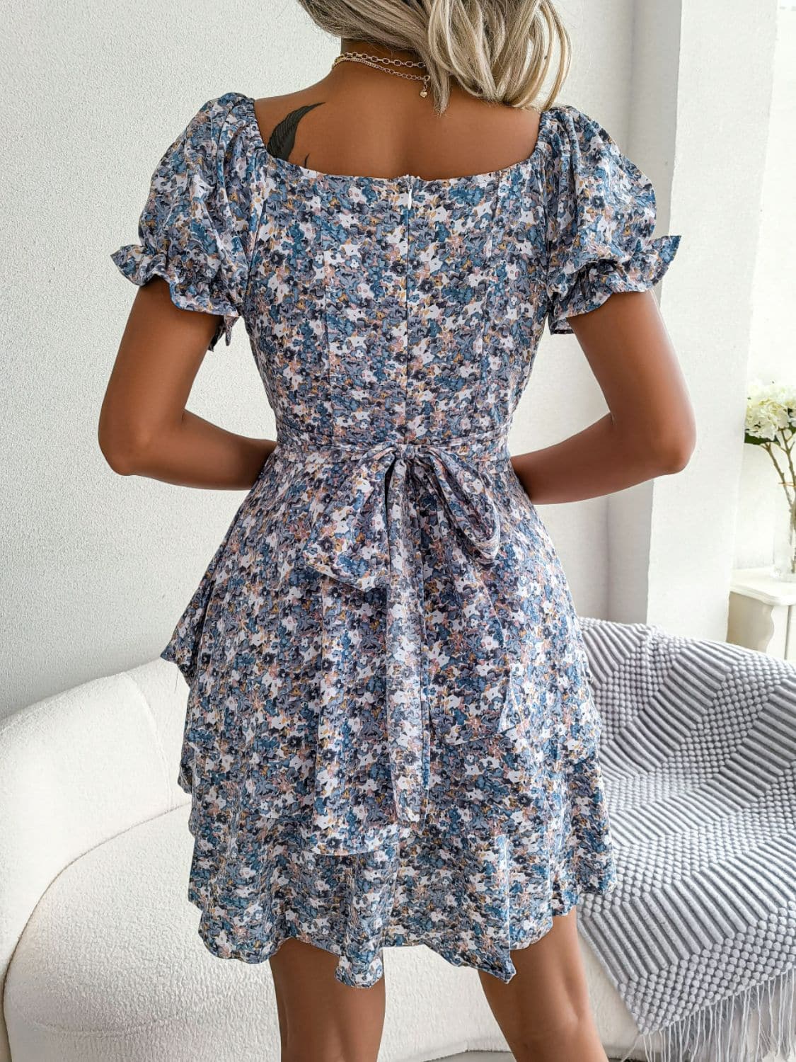 Floral Sweetheart Neck Flounce Sleeve Mini Dress - Love culture store