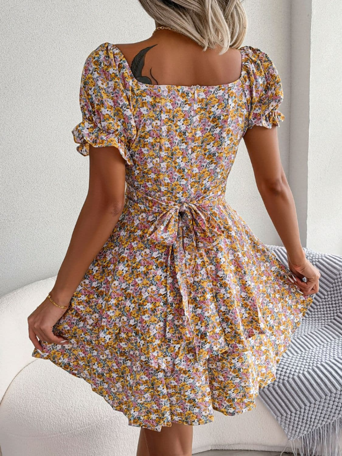 Floral Sweetheart Neck Flounce Sleeve Mini Dress - Love culture store